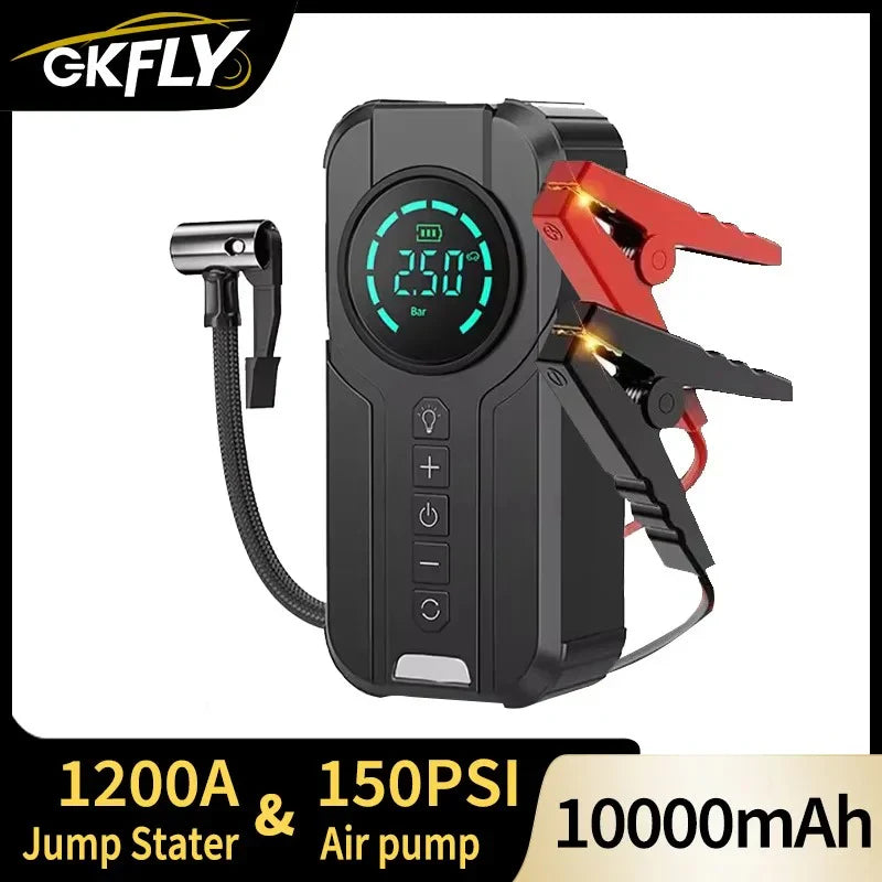 GKFLY jump starter with air pump on a white background