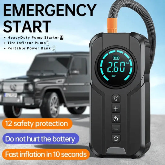 Portable power bank with digital display in front of a car, featuring text about its functions and features.