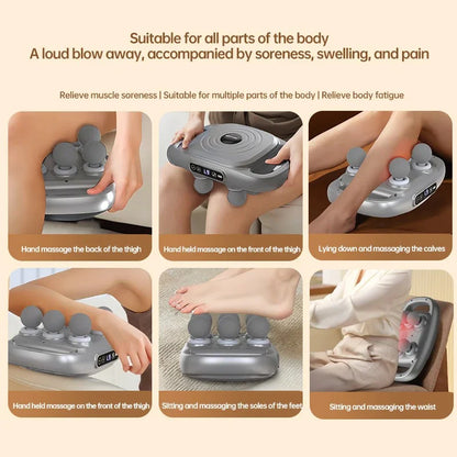 Massage device being used on various parts of the body with text describing its uses.