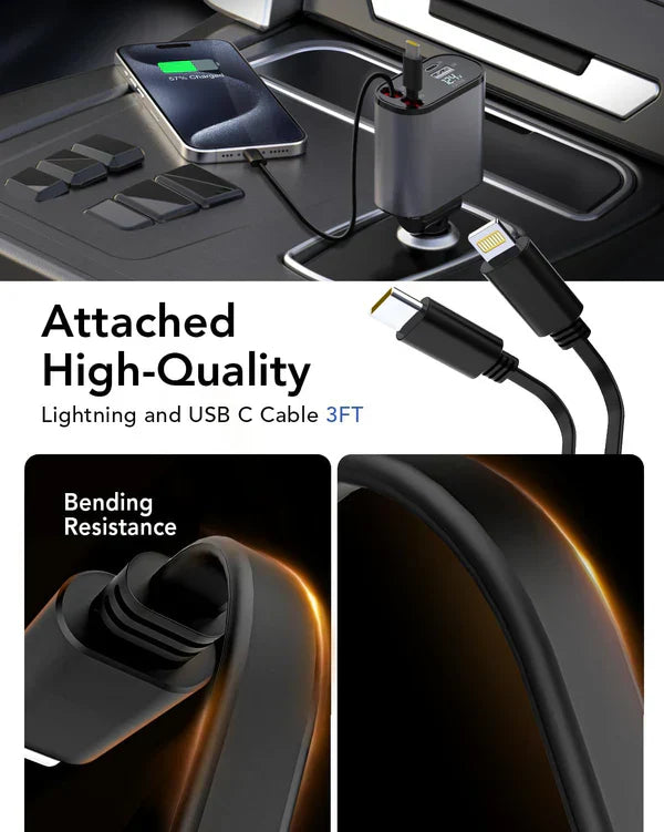 Car charger with attached high-quality Lightning and USB C cable, showing bending resistance.