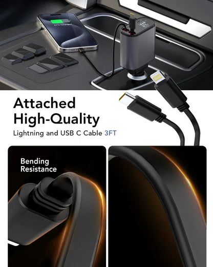 Car charger with attached high-quality Lightning and USB C cable, showing bending resistance.