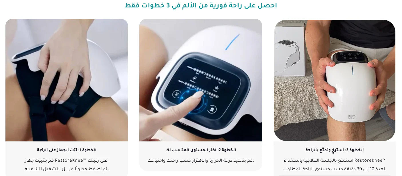 Three images showing a device being used on a knee, close-up of the device's control panel, and a person holding the device.
