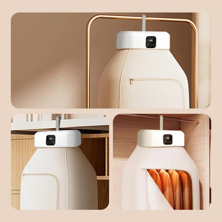 Collage of a white robot vacuum cleaner with a gold frame on a beige background