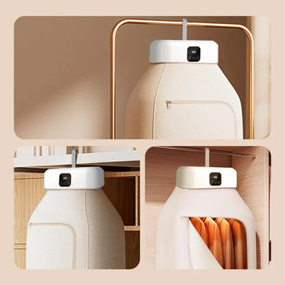 Collage of a white robot vacuum cleaner with a gold frame on a beige background