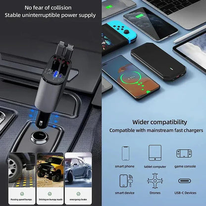 Multifunctional car charger with compatibility features on a blue background