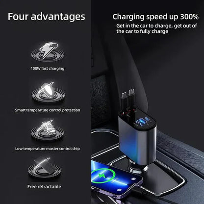 Car charger with four advantages highlighted on a dark background