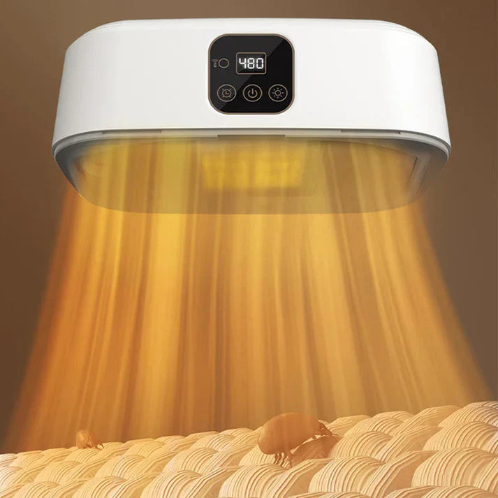 White heating lamp emitting a warm glow over a bed with a brown background