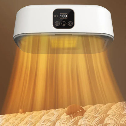 White heating lamp emitting a warm glow over a bed with a brown background