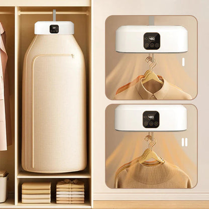 Smart wardrobe with hanging clothes and digital display on a wooden shelf.