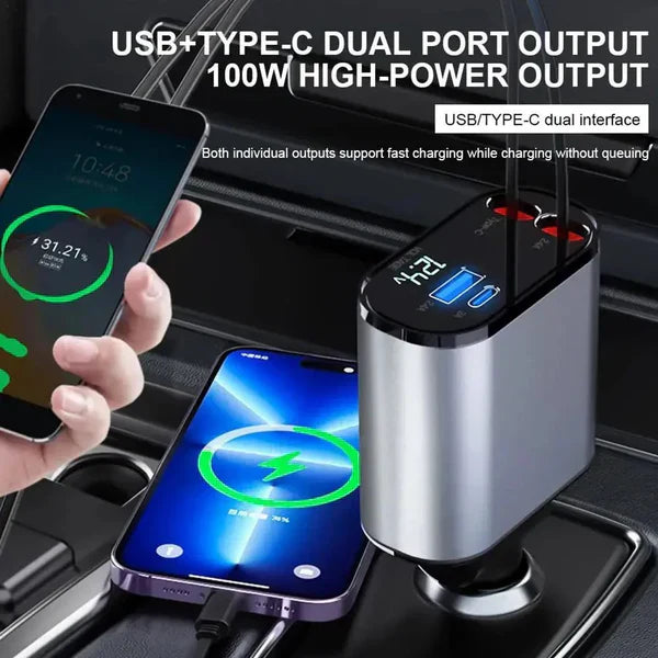 Car charger with dual ports charging two smartphones, text indicating USB+Type-C dual port output and high-power output.