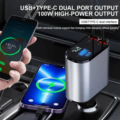 Car charger with dual ports charging two smartphones, text indicating USB+Type-C dual port output and high-power output.