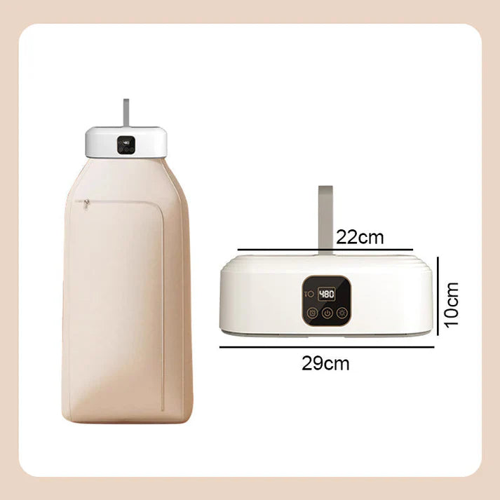 Two electronic devices with dimensions labeled on a beige background