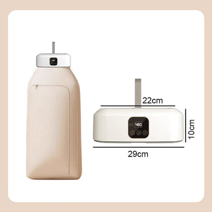 Two electronic devices with dimensions labeled on a beige background