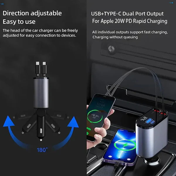 Car charger with USB and Type-C ports, adjustable head, and fast charging capabilities.