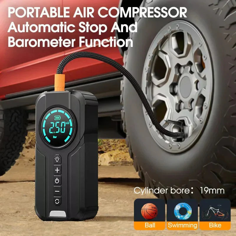 Portable air compressor with digital display next to a tire, featuring automatic stop and barometer functions.