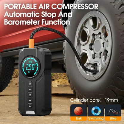 Portable air compressor with digital display next to a tire, featuring automatic stop and barometer functions.