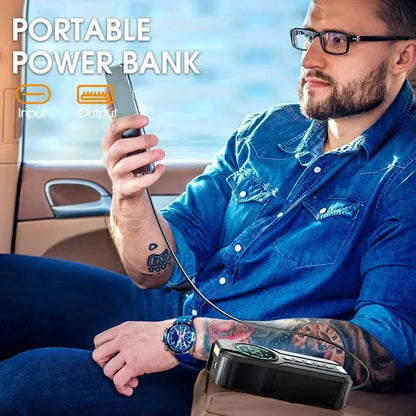 Man using a portable power bank in a car with 'Portable Power Bank' text.