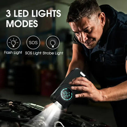 Person using a flashlight with multiple light modes in a garage setting