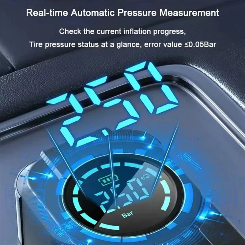 Digital tire pressure monitor with blue LED display on a car dashboard.